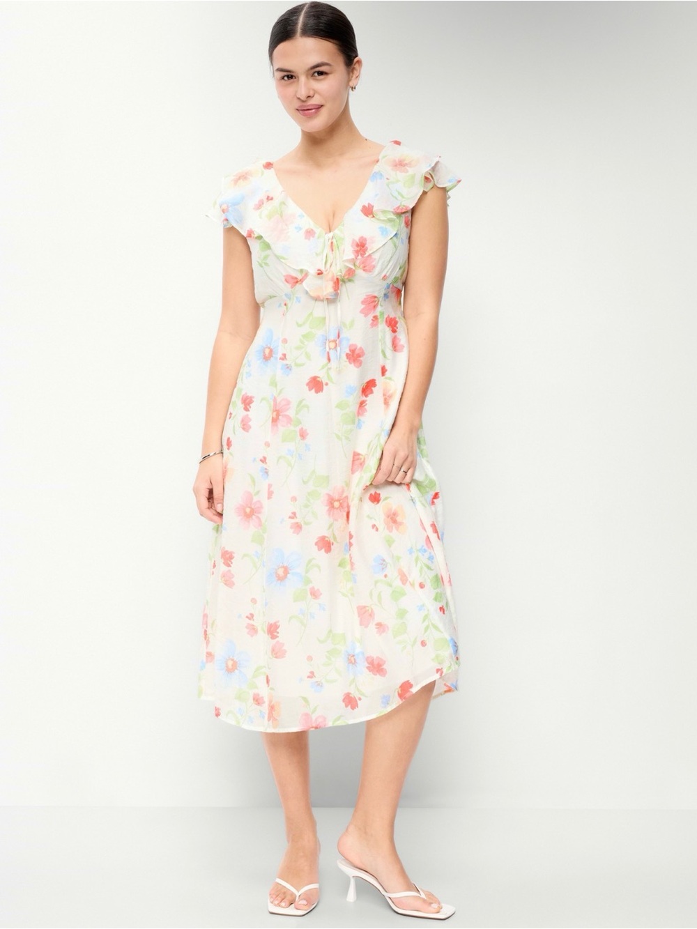 Old Navy White Floral Midi Dress with Pink and Blue Flowers - Picture 5 of 6